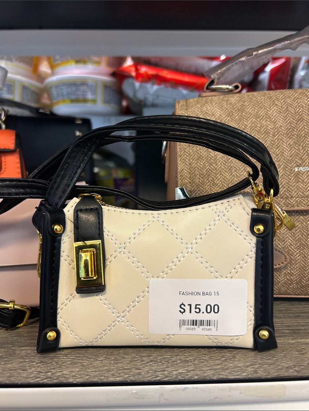 Classic Quilted Mini Crossbody Bag - Cream‎ & Black
